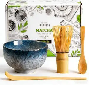 Japanese Matcha Set, 4-Piece Whisk Kit with Ceramic Bowl (Blue) Japanese Matcha Set, 4-Piece Whisk Kit with Ceramic Bowl (Blue)