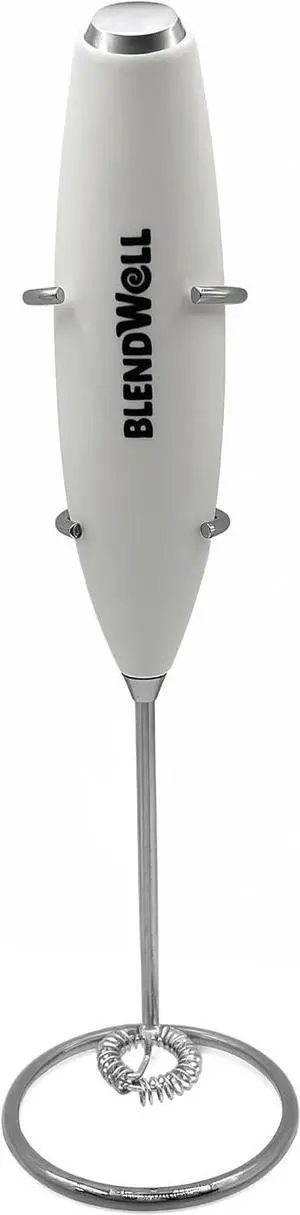BlendWell Electric Milk Frother for Matcha and Coffee, Handheld Battery Operated Drink Mixer with Stand, Stainless Steel Whisk, White BlendWell Electric Milk Frother for Matcha and Coffee, Handheld Battery Operated Drink Mixer with Stand, Stainless Steel Whisk, White
