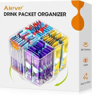 AIEVE Drink Packet Organizer, Lazy Susan Organizer for Water Flavor Packets, Drink Mix Rotating Turntable Sugar Packet Holder Container for Pantry Organizers and Storage, Square AIEVE Drink Packet Organizer, Lazy Susan Organizer for Water Flavor Packets, Drink Mix Rotating Turntable Sugar Packet Holder Container for Pantry Organizers and Storage, Square