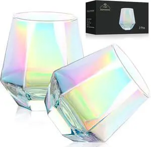 Wine Glasses Set of 2, Diamond Stemless Wine Glasses - Iridescent Glassware Wine Glasses Set of 2, Diamond Stemless Wine Glasses - Iridescent Glassware