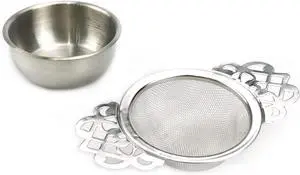 Silver Stainless Steel Tea Strainer with Drip Bowl Set with Handle Silver Stainless Steel Tea Strainer with Drip Bowl Set with Handle