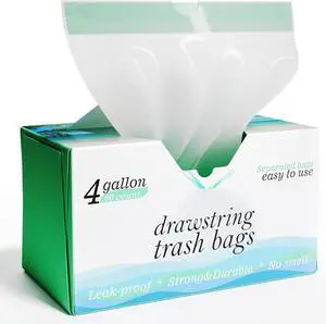 4 Gallon Drawstring Trash Bags - 0.5 Mil Strong - Small Garbage Bags - for Office Bathroom Kitchen - Individual, Unscented, White, 19" x 19", 60 Count 4 Gallon Drawstring Trash Bags - 0.5 Mil Strong - Small Garbage Bags - for Office Bathroom Kitchen - Individual, Unscented, White, 19" x 19", 60 Count