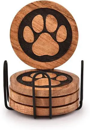 Kimona Coasters Set of 4 Wooden Paw Coaster with Iron Holder Stand for Table Protection, Home Decor, Housewarming Gift (4" x 4" x 0.5") Kimona Coasters Set of 4 Wooden Paw Coaster with Iron Holder Stand for Table Protection, Home Decor, Housewarming Gift (4" x 4" x 0.5")