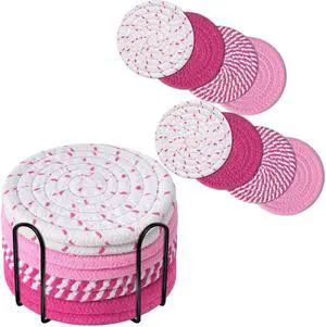 Drink Coasters 8 Pack with Holder, 4-Color Cotton Woven Absorbent Coasters Set, Minimalist 4.3in Cup Mat for Home Decor, Dining Table, Living Room, Tabletop-Protection for Coffee Beverage-Pink Drink Coasters 8 Pack with Holder, 4-Color Cotton Woven Absorbent Coasters Set, Minimalist 4.3in Cup Mat for Home Decor, Dining Table, Living Room, Tabletop-Protection for Coffee Beverage-Pink