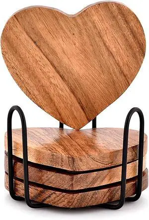 Samhita Acacia Wood Heart Shape Coaster Set of 4 with Iron Holder for Coffee Table Décor Housewarming Gift New Home Kitchen Décor Samhita Acacia Wood Heart Shape Coaster Set of 4 with Iron Holder for Coffee Table Décor Housewarming Gift New Home Kitchen Décor