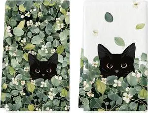 Artoid Mode Green Leaves Wild Flowers Black Cat Spring Kitchen Towels Dish Towels, 18x26 Inch Farmhouse Plants Decoration Hand Towels Set of 2 Artoid Mode Green Leaves Wild Flowers Black Cat Spring Kitchen Towels Dish Towels, 18x26 Inch Farmhouse Plants Decoration Hand Towels Set of 2