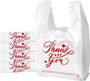 100 Pack White Thank You T-Shirt Bags - 11.5"x6.5"x21" Reusable Grocery Bags with Handles, Eco-Friendly Retail Packaging for Supermarket & Small Business 100 Pack White Thank You T-Shirt Bags - 11.5"x6.5"x21" Reusable Grocery Bags with Handles, Eco-Friendly Retail Packaging for Supermarket & Small Business