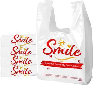 100 Pack White Smile Plastic Bag - 11.5"x6.5"x21" T-Shirt Grocery Bags with Handles, Cheerful Alternative to Thank You Bags, Bulk for Retail, Supermarkets & Small Business 100 Pack White Smile Plastic Bag - 11.5"x6.5"x21" T-Shirt Grocery Bags with Handles, Cheerful Alternative to Thank You Bags, Bulk for Retail, Supermarkets & Small Business