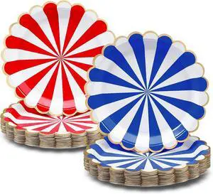 Confettiville 4th of July Plates, 50-Pack Scallop-Edged Party Paper Plates with Gold Foil Borders, Red and Blue Stripes, 9-Inch Confettiville 4th of July Plates, 50-Pack Scallop-Edged Party Paper Plates with Gold Foil Borders, Red and Blue Stripes, 9-Inch