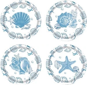 Blue Seashell Plates, 7 Inch Coastal Party Plates, 48 PCS Set Blue Seashell Plates, 7 Inch Coastal Party Plates, 48 PCS Set