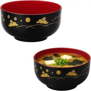 JapanBargain, 2-Pack Japanese Lacquer Soup Bowls, Bunny & Moon Pattern, Black/Red Donburi Rice & Miso Bowls, 2 Pack, 5-Inch, Made in Japan JapanBargain, 2-Pack Japanese Lacquer Soup Bowls, Bunny & Moon Pattern, Black/Red Donburi Rice & Miso Bowls, 2 Pack, 5-Inch, Made in Japan