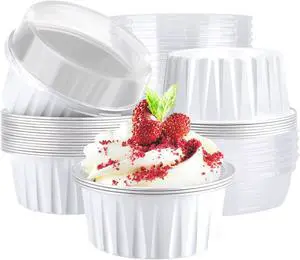 EUSOAR Dessert Cups with Lids, 25pcs 5oz Disposable Ramekins Baking Cups, Cupcake Liners Aluminum Foil Mini Cheesecake Creme Brulee Ramekins Containers for Wedding Party Catering Gathering-White EUSOAR Dessert Cups with Lids, 25pcs 5oz Disposable Ramekins Baking Cups, Cupcake Liners Aluminum Foil Mini Cheesecake Creme Brulee Ramekins Containers for Wedding Party Catering Gathering-White