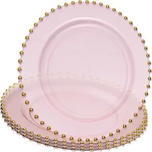 PLASTICPRO Translucent Pink with Gold Rim Plastic Charger Plates with Beaded Edge Pack of 4 13" Elegant Round Disposable Chargers for Weddings, Events, Parties, and Dinners PLASTICPRO Translucent Pink with Gold Rim Plastic Charger Plates with Beaded Edge Pack of 4 13" Elegant Round Disposable Chargers for Weddings, Events, Parties, and Dinners