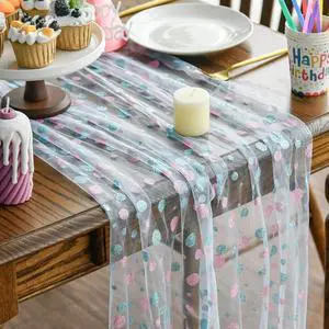 Artoid Mode Pink Polka Dots Blue Gauze Table Runner 120 Inch 10FT, Summer Sheer Dining Holiday Wedding Birthday Baby Shower Table Decor for Home Party Artoid Mode Pink Polka Dots Blue Gauze Table Runner 120 Inch 10FT, Summer Sheer Dining Holiday Wedding Birthday Baby Shower Table Decor for Home Party