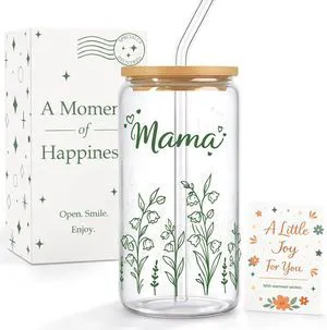Mama Gift for Mom - 16oz Floral Iced Coffee Glass Tumbler with Lid Straw Mama Gift for Mom - 16oz Floral Iced Coffee Glass Tumbler with Lid Straw