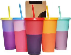 Color Changing Cups, 5 Pack 24oz Plastic Tumblers, Reusable Iced Coffee & Smoothie Cups with Lids and Straws for Parties and Travel (5 Changing, 5 Packs) Color Changing Cups, 5 Pack 24oz Plastic Tumblers, Reusable Iced Coffee & Smoothie Cups with Lids and Straws for Parties and Travel (5 Changing, 5 Packs)