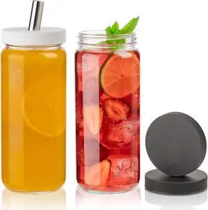 Glass Juice Bottles with Lids and Straws, 16 Oz - Set of 2 Reusable Clear Cups - For Drinking Smoothie, Iced Coffee, Juicing, Matcha, Water, Kombucha and More Glass Juice Bottles with Lids and Straws, 16 Oz - Set of 2 Reusable Clear Cups - For Drinking Smoothie, Iced Coffee, Juicing, Matcha, Water, Kombucha and More