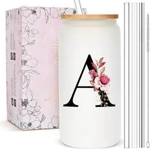 Personalized Gifts for Women, Monogrammed Frosted Glass Tumbler with Straw and Lid, Cute Customized Mug, Custom Initial Iced Coffee Glasses, Customizable Drinking Cup, Birthday Teacher Woman, A Personalized Gifts for Women, Monogrammed Frosted Glass Tumbler with Straw and Lid, Cute Customized Mug, Custom Initial Iced Coffee Glasses, Customizable Drinking Cup, Birthday Teacher Woman, A