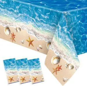 3-Piece 54 x 108 Inch Summer Beach Plastic Tablecloth Ocean Waves Starfish Seashell Disposable Rectangle Table Covers for Pool Party, Hawaiian Party Decorations and Summer Celebrations 3-Piece 54 x 108 Inch Summer Beach Plastic Tablecloth Ocean Waves Starfish Seashell Disposable Rectangle Table Covers for Pool Party, Hawaiian Party Decorations and Summer Celebrations