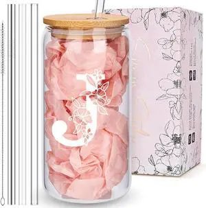 Personalized Tumbler, Monogrammed Can Glass Cups with Bamboo Lids and Straws, Customized Gifts for Women, Cute Design Initial Iced Coffee glasses, Custom Letter Mug, Birthday Bridesmaid, J Personalized Tumbler, Monogrammed Can Glass Cups with Bamboo Lids and Straws, Customized Gifts for Women, Cute Design Initial Iced Coffee glasses, Custom Letter Mug, Birthday Bridesmaid, J