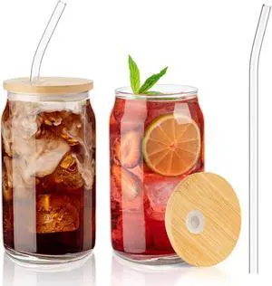 Glass Cups with Lids and Straws, 16 Oz - Set of 2 Reusable Iced Cold Coffee Tumblers - Clear Glass Bottle for Water with Bamboo Lids Glass Cups with Lids and Straws, 16 Oz - Set of 2 Reusable Iced Cold Coffee Tumblers - Clear Glass Bottle for Water with Bamboo Lids
