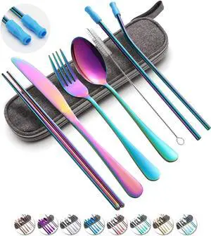 Travel Utensils Set with Case Reusable Portable Cutlery Set Stainless Steel 8pcs Including Dinner Knife Fork Spoon Chopsticks Straws(Rainbow) Travel Utensils Set with Case Reusable Portable Cutlery Set Stainless Steel 8pcs Including Dinner Knife Fork Spoon Chopsticks Straws(Rainbow)