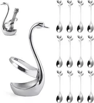 Stainless Steel Silver Creative Dinnerware Set OIULO - Decorative Swan Base Holder with 12 Leaf Spoons for Coffee, Fruit,Dessert,Stirring, Mixing, Sugar, Stir, Ice Cream, Cake, Teaspoon (Silver) Stainless Steel Silver Creative Dinnerware Set OIULO - Decorative Swan Base Holder with 12 Leaf Spoons for Coffee, Fruit,Dessert,Stirring, Mixing, Sugar, Stir, Ice Cream, Cake, Teaspoon (Silver)
