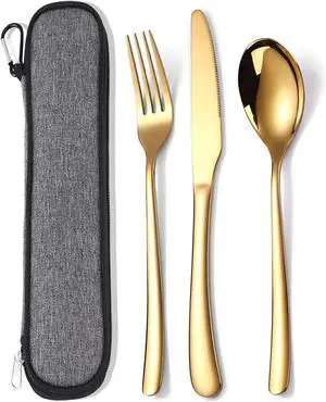 MURRI&MURRDI Stainless Steel Cutlery Set for 1, Reusable Flatware Set with Case, Cutlery Set for Work Stainless Steel Knife Fork Spoon Set 3 Piece (B- 3 Gold) MURRI&MURRDI Stainless Steel Cutlery Set for 1, Reusable Flatware Set with Case, Cutlery Set for Work Stainless Steel Knife Fork Spoon Set 3 Piece (B- 3 Gold)