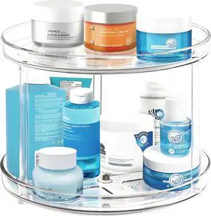 2 Tier Lazy Susan Bathroom Organizer, 9.25Inch Clear 360 Rotating Makeup Organizer for Vanity, Skincare Organizers Perfume Organizer, Spice Rack Organizer for Cabinet- Home Organization and Storage 2 Tier Lazy Susan Bathroom Organizer, 9.25Inch Clear 360 Rotating Makeup Organizer for Vanity, Skincare Organizers Perfume Organizer, Spice Rack Organizer for Cabinet- Home Organization and Storage