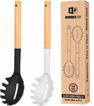 Pack of 2 Spaghetti Spoon, Silicone Pasta Fork with Wooden Handle, Heat Resistant Noodle Spoon Server, BPA Free Spaghetti Strainer(BLACK-WHITE) Pack of 2 Spaghetti Spoon, Silicone Pasta Fork with Wooden Handle, Heat Resistant Noodle Spoon Server, BPA Free Spaghetti Strainer(BLACK-WHITE)