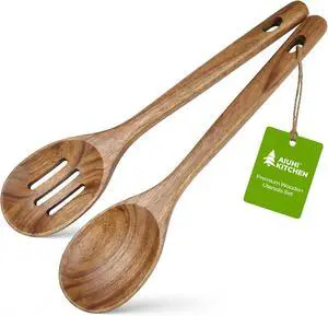 AIUHI 2Pcs Wooden Cooking Spoons for Cooking, No Scratch Wooden Spoons Set of Slotted Spoon & Serving Spoon, Natural Teak Wood Utensils Set for Cooking, Serving & Mixing AIUHI 2Pcs Wooden Cooking Spoons for Cooking, No Scratch Wooden Spoons Set of Slotted Spoon & Serving Spoon, Natural Teak Wood Utensils Set for Cooking, Serving & Mixing