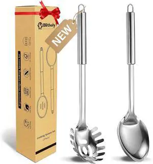 Large Cooking Spoon and Pasta Fork Set, 2 Pack Stainless Steel Serving Spoon, Heat Resistant Kitchen Noodle Spoon for Cooking, Serving, Mixing and Spaghett Large Cooking Spoon and Pasta Fork Set, 2 Pack Stainless Steel Serving Spoon, Heat Resistant Kitchen Noodle Spoon for Cooking, Serving, Mixing and Spaghett