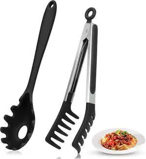 Spaghetti Spoon and Pasta Tong with Non-Slip Silicone Teeth, Food Clip for Spaghetti Noodle, Heat Resistant Kitchen Utensils with Storage Holes, Dishwasher Safe Spaghetti Spoon and Pasta Tong with Non-Slip Silicone Teeth, Food Clip for Spaghetti Noodle, Heat Resistant Kitchen Utensils with Storage Holes, Dishwasher Safe