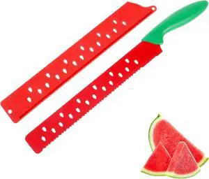 Watermelon Knife with Sleeve for Melon Cutting, Long Serrated Bread Lettuce Vegetable Knife, Kitchen Fruit Melon Tomato Cutter Slicer, with Cover for Home Summer Party Camping Outdoor (Red Green) Watermelon Knife with Sleeve for Melon Cutting, Long Serrated Bread Lettuce Vegetable Knife, Kitchen Fruit Melon Tomato Cutter Slicer, with Cover for Home Summer Party Camping Outdoor (Red Green)