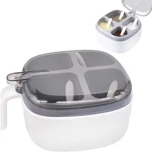 Seasoning Box with Lid and Spoon, 4 Compartment Spice Pots with Handle, Home Kitchen Condiment Jars for Sugar Salt Pepper Seasoning Box with Lid and Spoon, 4 Compartment Spice Pots with Handle, Home Kitchen Condiment Jars for Sugar Salt Pepper