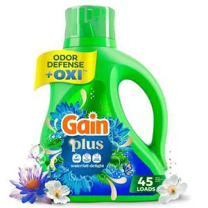 Gain Plus Laundry Detergent Liquid, Now with Odor Defense + OXI, Waterfall Delight Scent, 60 fl oz, 45 Loads Gain Plus Laundry Detergent Liquid, Now with Odor Defense + OXI, Waterfall Delight Scent, 60 fl oz, 45 Loads
