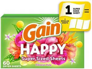 Gain Dryer Sheets, Happy, Hibiscus Hula Scent, 60 Mega Dryer Sheets Gain Dryer Sheets, Happy, Hibiscus Hula Scent, 60 Mega Dryer Sheets
