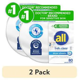 (2 pack) all free clear Fabric Softening Dryer Sheets for Sensitive Skin, Controls Static, 80 Count (2 pack) all free clear Fabric Softening Dryer Sheets for Sensitive Skin, Controls Static, 80 Count