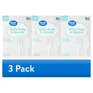 (3 pack) Great Value Everyday Disposable Plastic Forks and Spoons, White, 120 Count, 60 Forks and 60 Spoons-Fastest shipping (3 pack) Great Value Everyday Disposable Plastic Forks and Spoons, White, 120 Count, 60 Forks and 60 Spoons-Fastest shipping