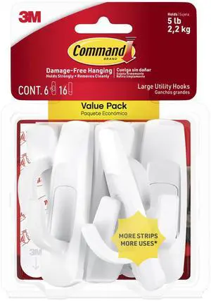 Command Large Utility Hooks, Holds 5 lb, White, 6 Hooks, 12 Pairs Adhesive Strips Command Large Utility Hooks, Holds 5 lb, White, 6 Hooks, 12 Pairs Adhesive Strips