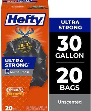 Hefty Ultra Strong Multipurpose Large Trash Bags, Black, Unscented, Made with 20% Post-Consumer Recycled Materials, 30 Gallon, 20 Count Hefty Ultra Strong Multipurpose Large Trash Bags, Black, Unscented, Made with 20% Post-Consumer Recycled Materials, 30 Gallon, 20 Count