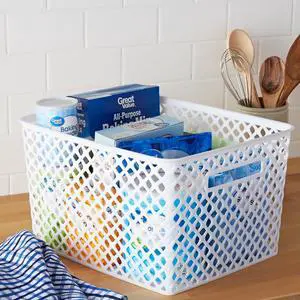 Mainstays Large White Decorative Plastic Storage Basket, 14.7 in x 12 in x 8.5 in Mainstays Large White Decorative Plastic Storage Basket, 14.7 in x 12 in x 8.5 in