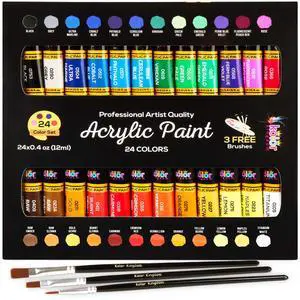 Acrylic Paint Set 24 Colors, 0.41oz (12ml) with 3 Brushes - for Canvas, Paper, Wood, Rock, MDF, Ceramic & Fabric Acrylic Paint Set 24 Colors, 0.41oz (12ml) with 3 Brushes - for Canvas, Paper, Wood, Rock, MDF, Ceramic & Fabric