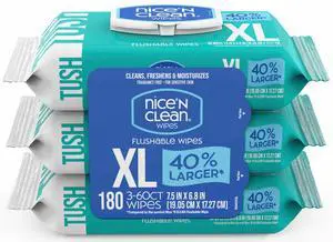 Nice 'N CLEAN Extra Large Flushable Wipes, 6.8"x7.5" Unscented Adult Wet Wipes, 40% Larger, Septic & Sewer Safe, Hypoallergenic, Plant Based, 180 Count Nice 'N CLEAN Extra Large Flushable Wipes, 6.8"x7.5" Unscented Adult Wet Wipes, 40% Larger, Septic & Sewer Safe, Hypoallergenic, Plant Based, 180 Count