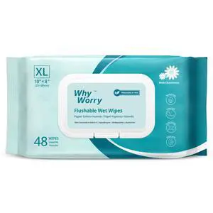 WhyWorry 8" x 10" Unscented Flushable Wipes for Adults, 48 Count WhyWorry 8" x 10" Unscented Flushable Wipes for Adults, 48 Count