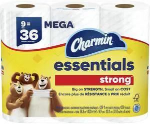 Charmin Essentials Strong Toilet Paper, 9 Mega Rolls = 36 Regular Rolls Charmin Essentials Strong Toilet Paper, 9 Mega Rolls = 36 Regular Rolls