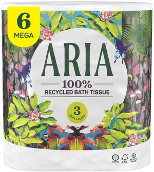Aria 100% Recycled Bath Tissue, 6 Rolls, 3-Ply Soft, Paper Packaging Aria 100% Recycled Bath Tissue, 6 Rolls, 3-Ply Soft, Paper Packaging
