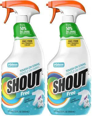 Shout Free Laundry Stain Remover Spray, Active Enzyme Formula, Fragrance Free, Bleach Free, Dye Free, Removes Everyday Stains Including Baby Stains - 22oz Spray (Pack of Shout Free Laundry Stain Remover Spray, Active Enzyme Formula, Fragrance Free, Bleach Free, Dye Free, Removes Everyday Stains Including Baby Stains - 22oz Spray (Pack of