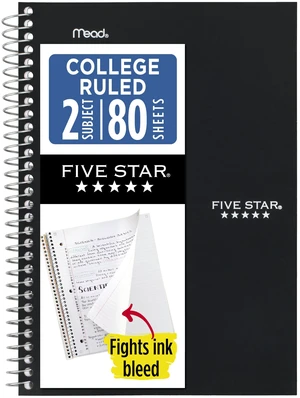 Five Star 840029AA2-ECM Spiral Notebook, 2 Subject, College Ruled, 6"x9-1/2", 80 Sheets, Fights Ink Bleed, Water Resistant Cover, Black Five Star 840029AA2-ECM Spiral Notebook, 2 Subject, College Ruled, 6"x9-1/2", 80 Sheets, Fights Ink Bleed, Water Resistant Cover, Black