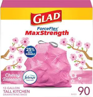 Glad ForceFlex MaxStrength Tall Kitchen Trash Bags, Rip and Tear Resistant, Cherry Blossom Scented Pink, Odor Control with Febreze Freshness, 13 Gallon, 90 Count Glad ForceFlex MaxStrength Tall Kitchen Trash Bags, Rip and Tear Resistant, Cherry Blossom Scented Pink, Odor Control with Febreze Freshness, 13 Gallon, 90 Count